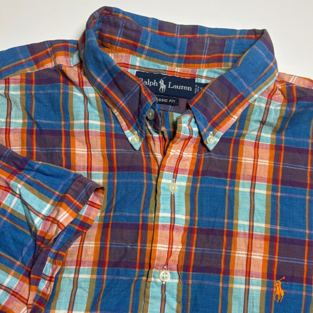 Ralph Lauren Classic Fit Plaid Mens XXL Blue Orange Short Sleeve Button Down